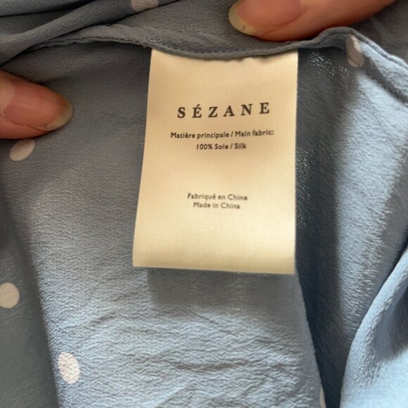Sézane Light Blue Silk Ruffle Blouse w/ White Polka Dots | Size 40 (US 8/M) - Picture 6 of 7
